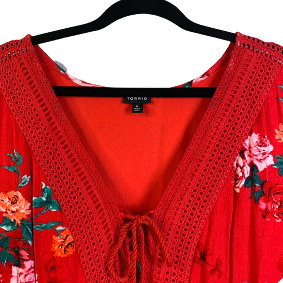 TORRID‎ Red Floral Gauze Lace-Up Skater Dress - Picture 6 of 16